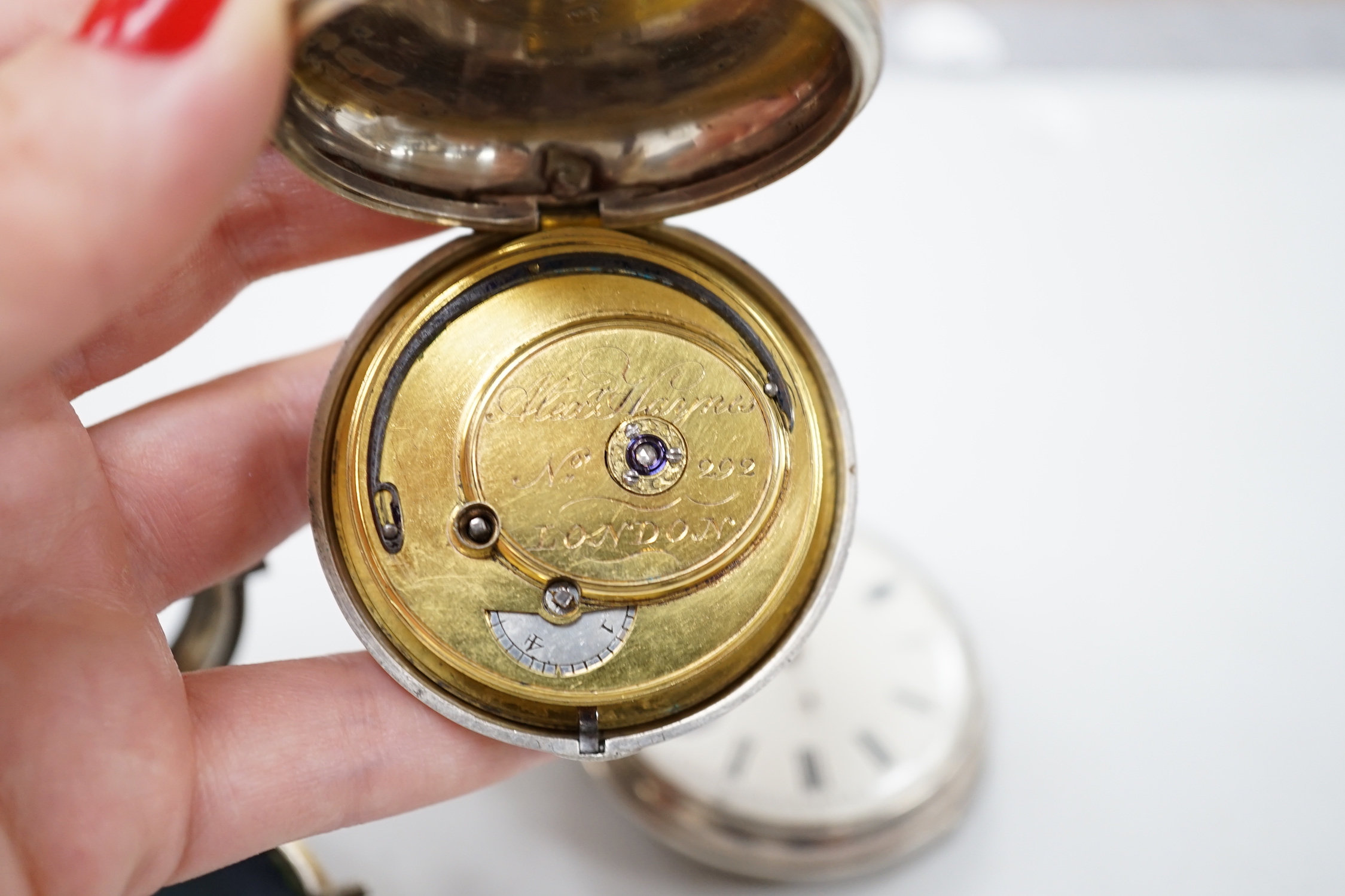 A 19th century silver pair cased keywind verge pocket watch by Haynes of London and one other Chinese? pocket watch.